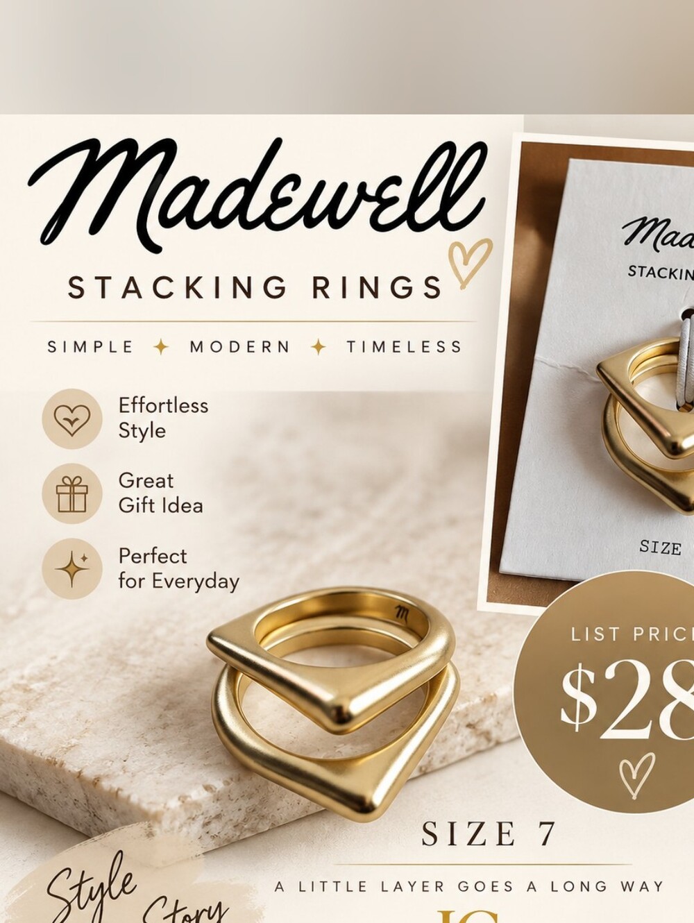 Madewell Gold Stacking Rings Set Size 7